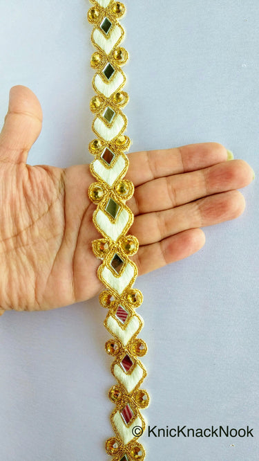 Off White And Gold Thread Lace Trim With Beads And Mirrors Embellishments Approx. 22mm, Decorative Fashion Trim Sari Border Trim by 9 Yards